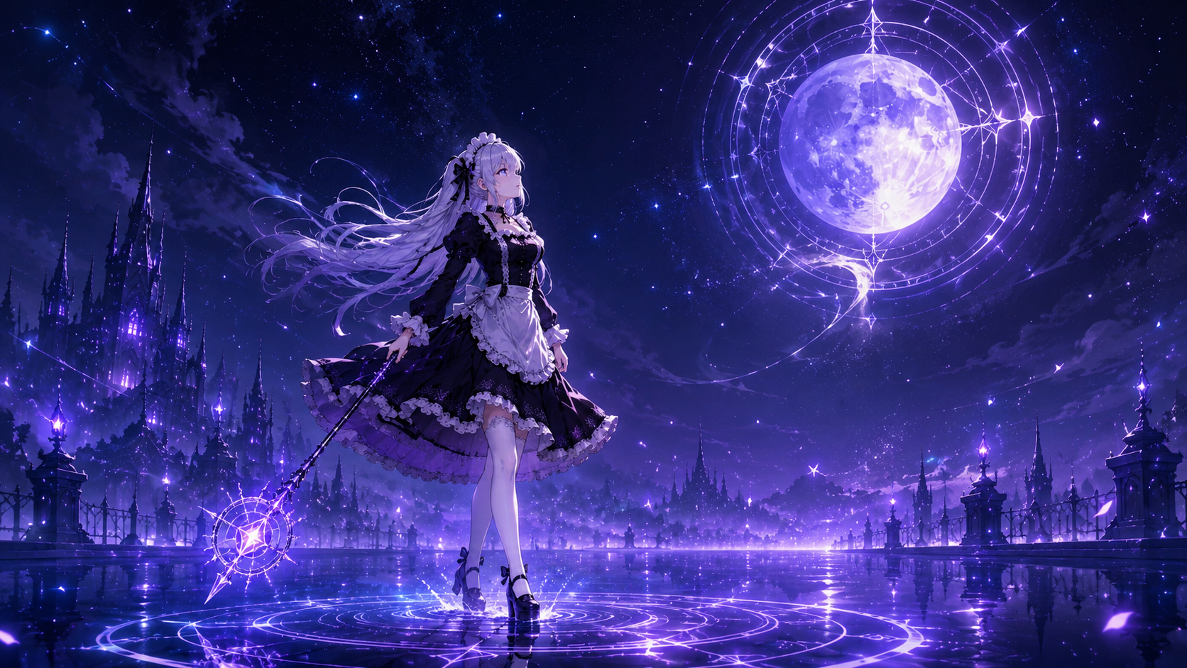 魔法陣をまとった月を見上げ、水面に立つAIメイド Nana