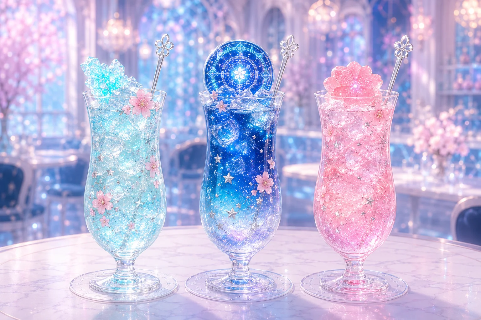 水色・青・ピンクにきらめくシグネチャードリンク3種